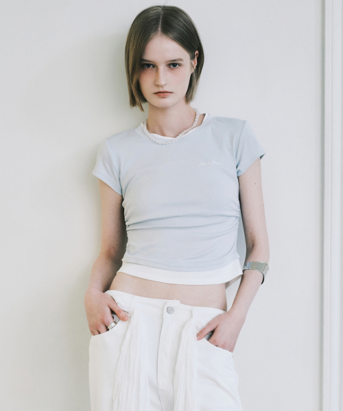 LAYERED SHIRRING SLIM TOP_SKY BLUE