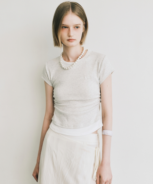 LAYERED SHIRRING SLIM TOP_MELANGE