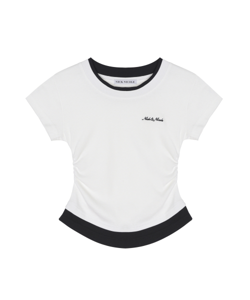 LAYERED SHIRRING SLIM TOP_WHITE