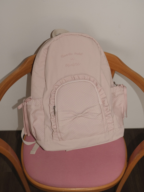 Ruffle ribbon backpack_polka dot mute pink