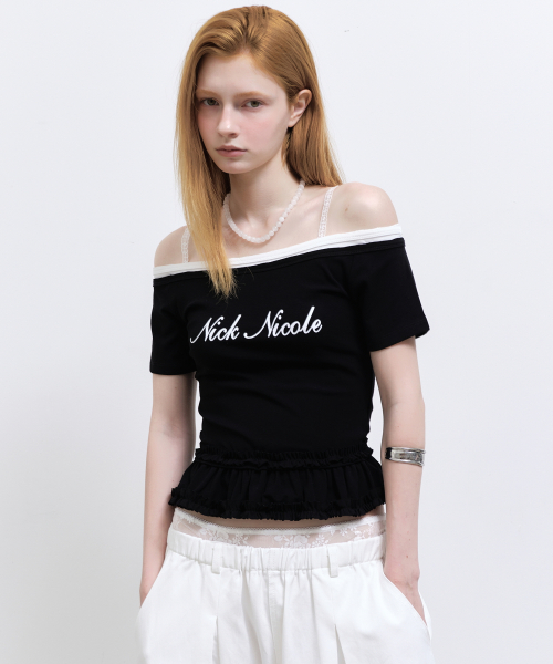 OFF-SHOULDER FRILL CROP TOP_BLACK