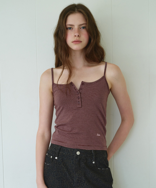 STRIPE BUTTON SLEEVELESS BROWN