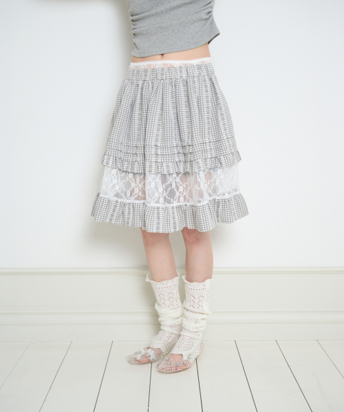 FLOWER TIERED MIDI SKIRT GRAY CHECK