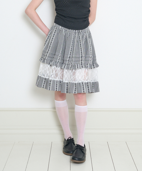 FLOWER TIERED MIDI SKIRT BLACK CHECK