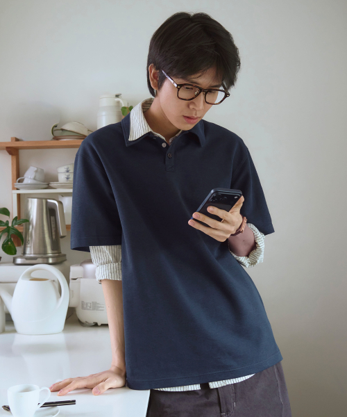 Airy cotton semi-loose polo shirt - NAVY