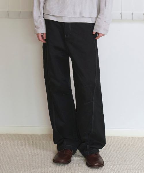 Stitch curved pants -BLACK