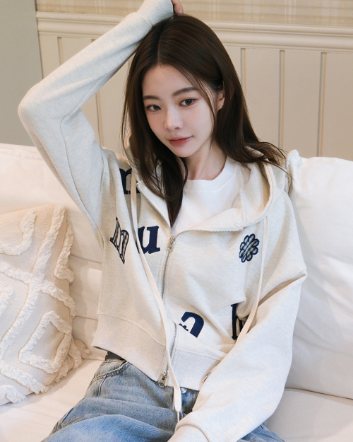 CHECK FLOWER PATCH CROP HOOD ZIPUP [OATMEAL]