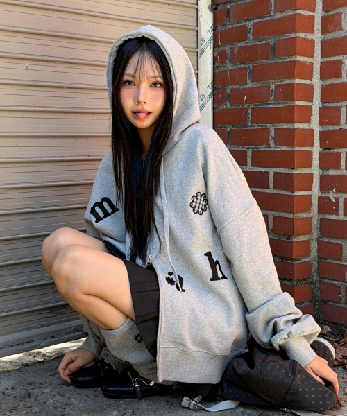 CHECK FLOWER PATCH OVERFIT HOOD ZIPUP [GRAY]