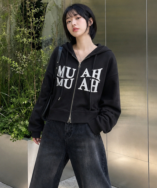 WAVE BOLD STITCH HOOD ZIPUP [BLACK]