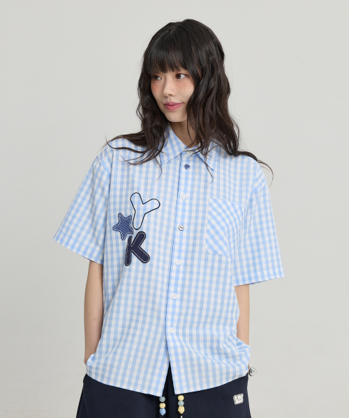 Check Applique Button Half Shirt SKYBLUE