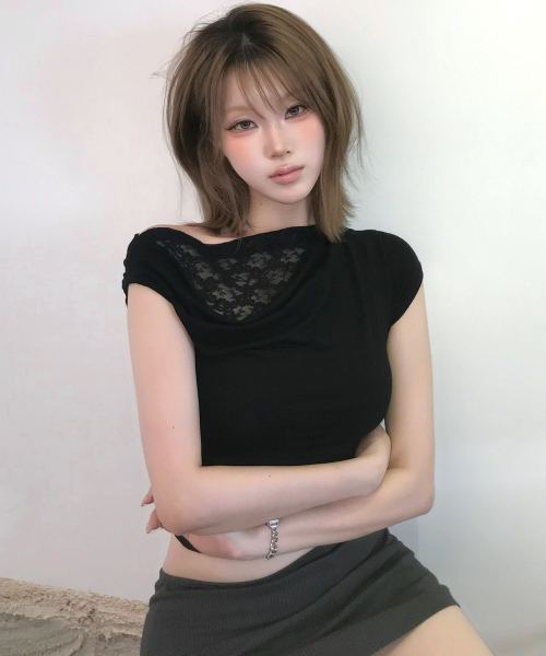 Allroad Lace Layered Shirring T-Shirt_Black