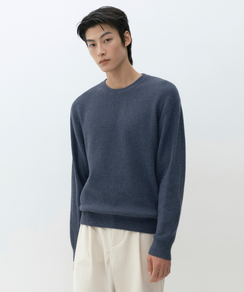 [VICTORIA WOOL] MINIMAL RIBBED CREW NECK KNIT [BLUE GREY]
