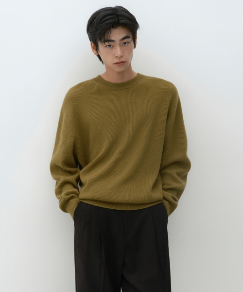 [VICTORIA WOOL] MINIMAL RIBBED CREW NECK KNIT [AMBER]