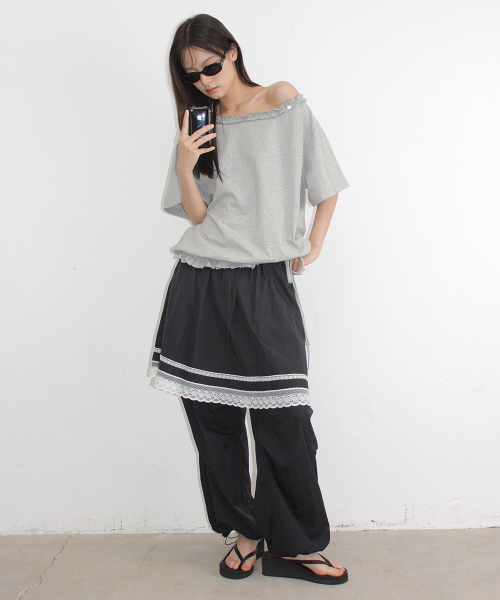 LACE POINT SKIRT LAYERED JOGGER PANTS BLACK