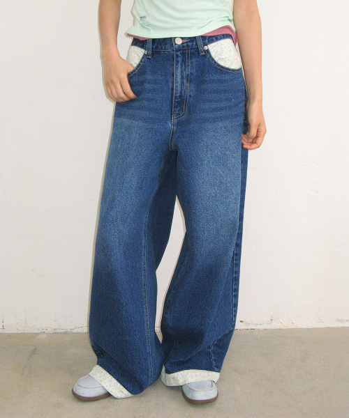FLORAL LINED WIDE DENIM PANTS MEDIUM BLUE