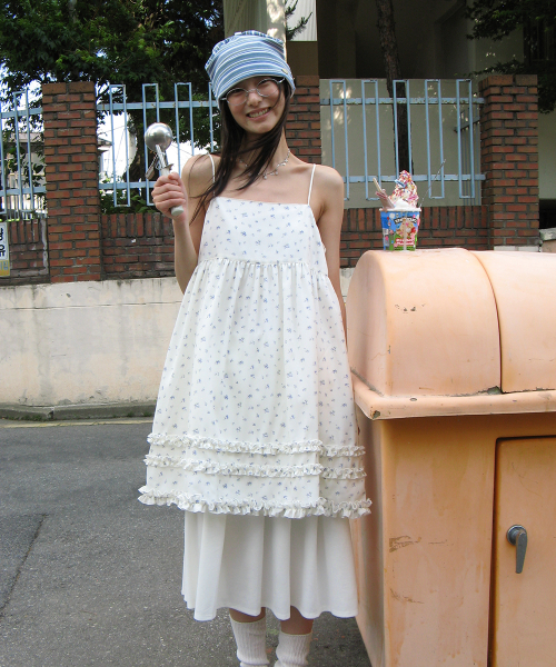 FLORAL FRILL A LINE SLEEVELESS DRESS WHITE