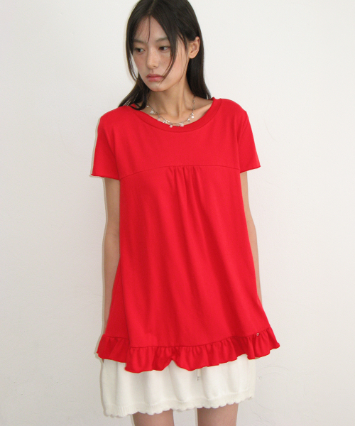 STRING SHIRRING RUFFLE T SHIRT RED