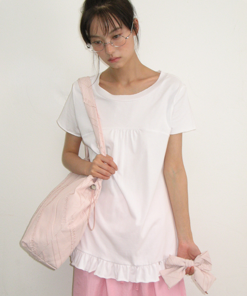 STRING SHIRRING RUFFLE T SHIRT WHITE