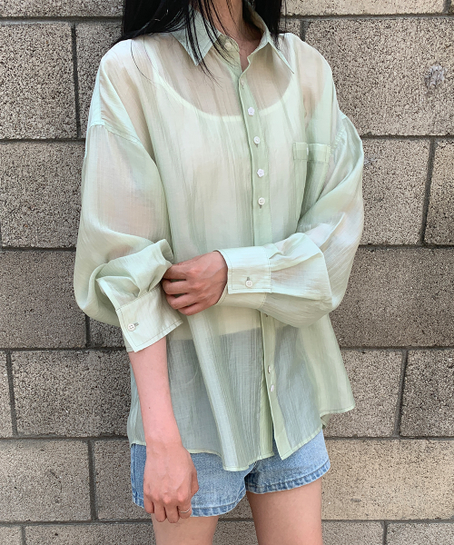 SHEER BUTTON POCKET OVERSIZED SHIRT MINT