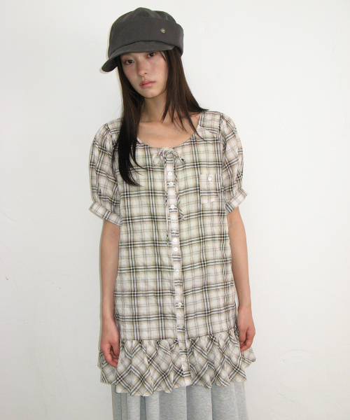 CHECK PUFF SLEEVE MINI DRESS BLOUSE BEIGE