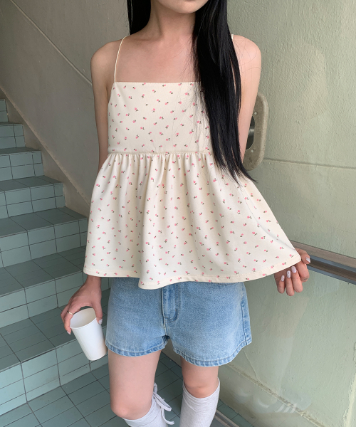 FLORAL RIBBON GATHER SLEEVELESS CREAM