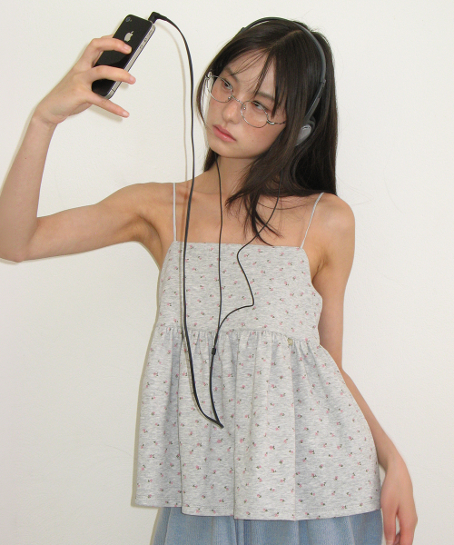 FLORAL RIBBON GATHER SLEEVELESS GREY