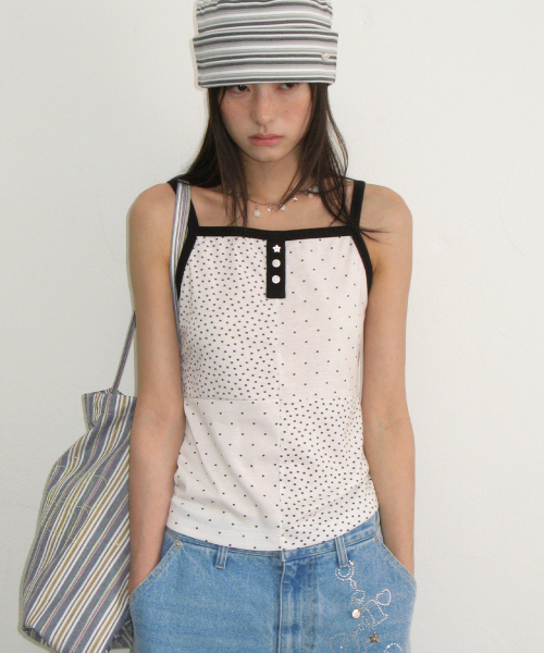 PATTERN PATCHWORK BUTTON SLEEVELESS WHITE