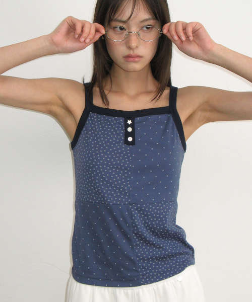PATTERN PATCHWORK BUTTON SLEEVELESS NAVY
