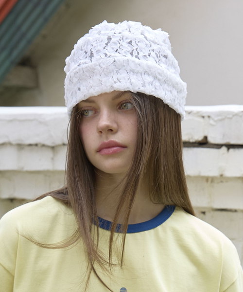Flower Lace Pleated Beanie Hat (2color)_White
