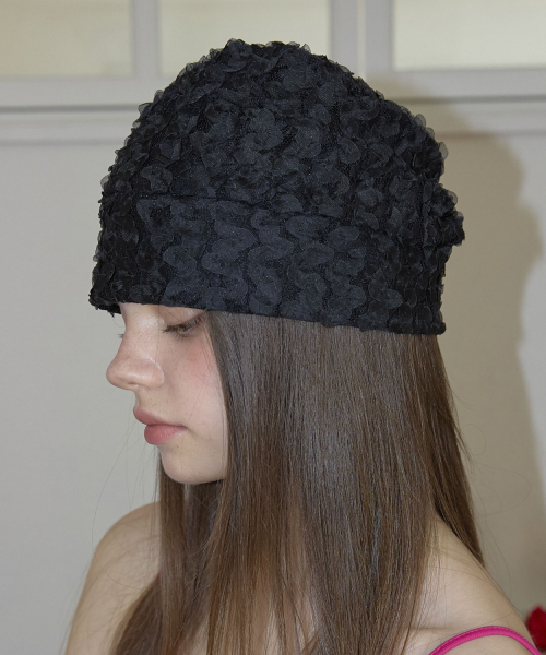 Flower Lace Pleated Beanie Hat (2color)_Black