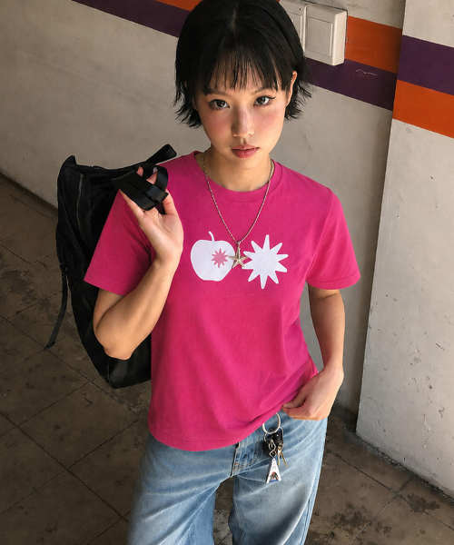 Apple Print Short Sleeve T-Shirt (3color)_Hot Pink