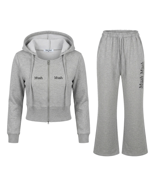 [SET] ROUND CROP HOODZIPUP BANDING PANTS [GRAY]