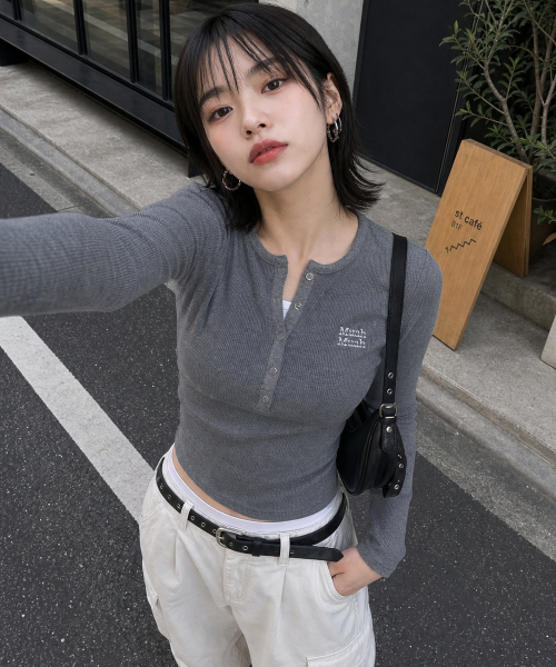 WAFFLE HENLEY NECK LONG SLEEVE [GRAY]