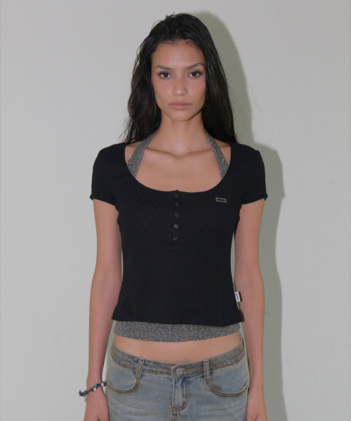 HALTER LAYERED SHORT SLEEVE SET [BLACK]