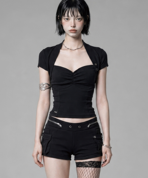 Shirring Eyelet Bolero Top (Black)