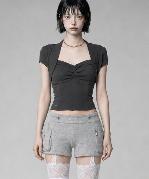 Shirring Eyelet Bolero top (Dark Gray)