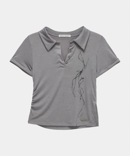 Rib Collar Roll up Shirring Top (Gray)