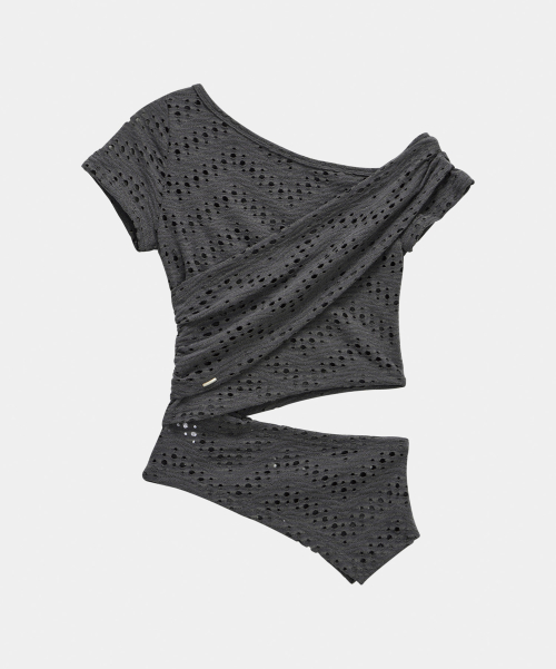 Hole Knit Layered Side Slit Top (Charcoal)