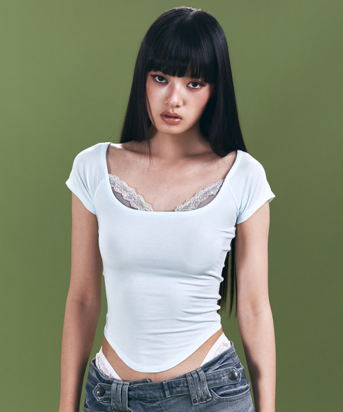 Mandy Lace Layered Short Sleeve Top (Baby Blue)