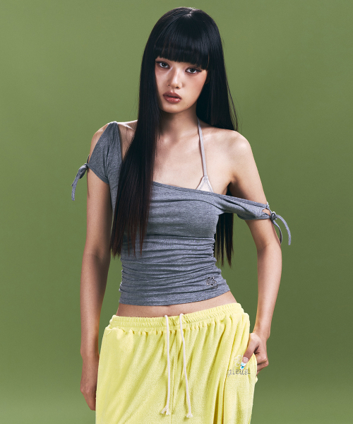 Vane Shirring Short Sleeve Top (Melange Grey)