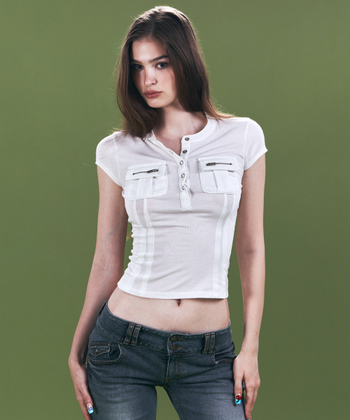 Pansy Pocket Button Short Sleeve Top (White)