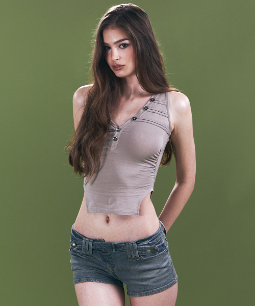 Selby Button Sleeveless Top (Silver Beige)