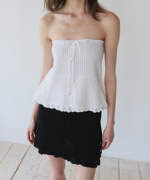 LAYERED RUFFLE KNIT MINI SKIRT, BLACK