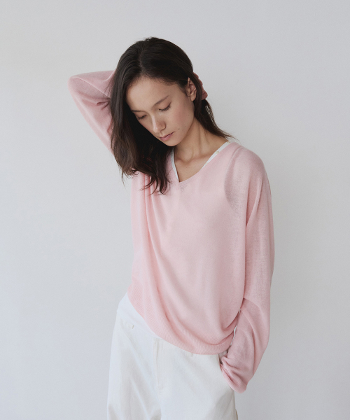 LIGHT LINEN V-NECK SUMMER KNIT, POWDER PINK