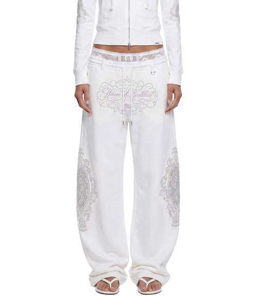 H.B.B. Royal Lace Rhinestone Lightweight Jogger Pants - White