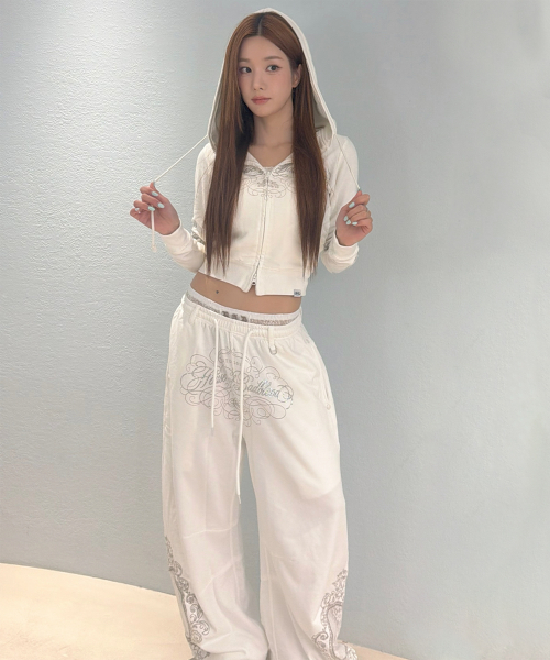 H.B.B. Royal Lace Rhinestone Lightweight Jogger Pants - White