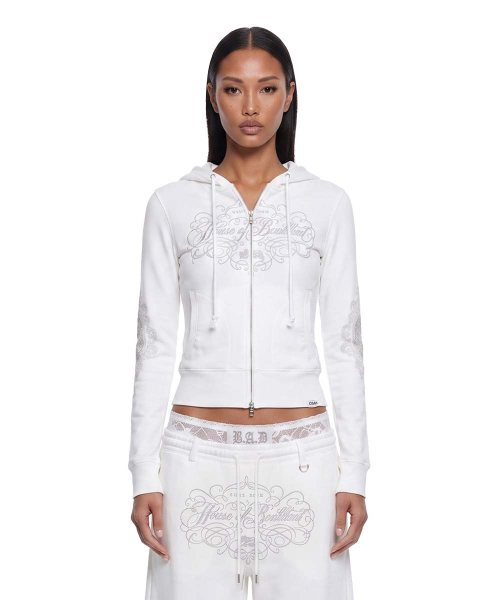 H.B.B. Royal Lace Rhinestone Hood Zip-Up - White