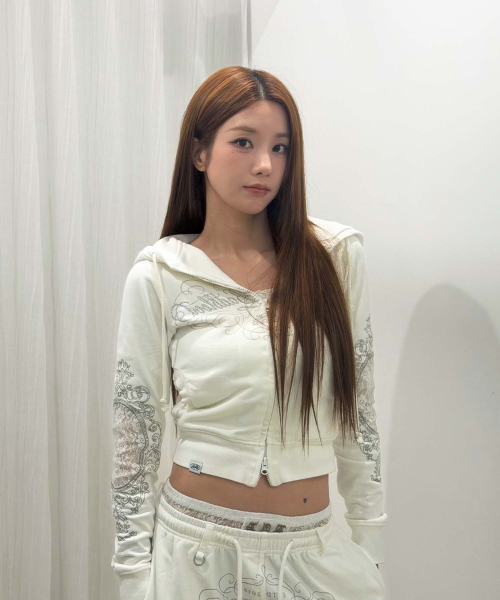 H.B.B. Royal Lace Rhinestone Hood Zip-Up - White