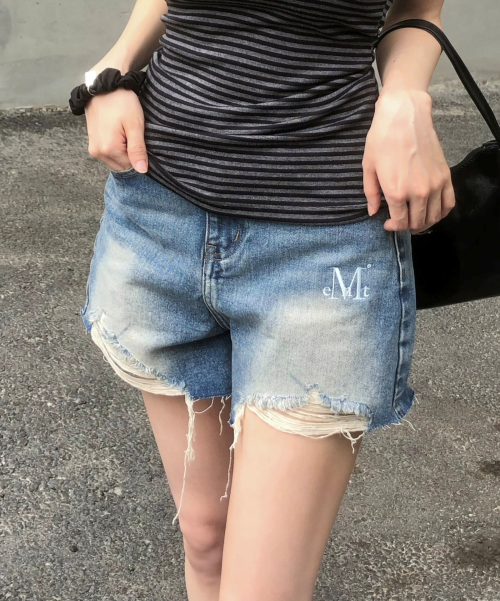 RUNE WASHING DAMAGE DENIM SHORT PANTS