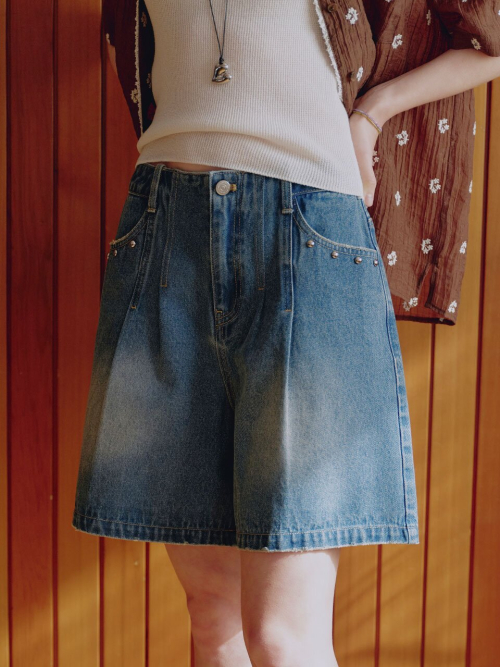 Rivet Embellished Vintage Short Denim Pants MU2635DN304M_INDIGO